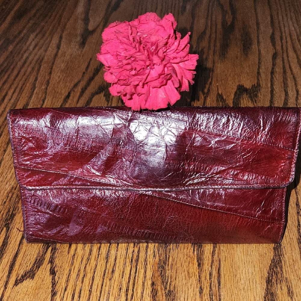 Vintage Burgundy Eel Skin Leather Clutch Wallet - Picture 3 of 11